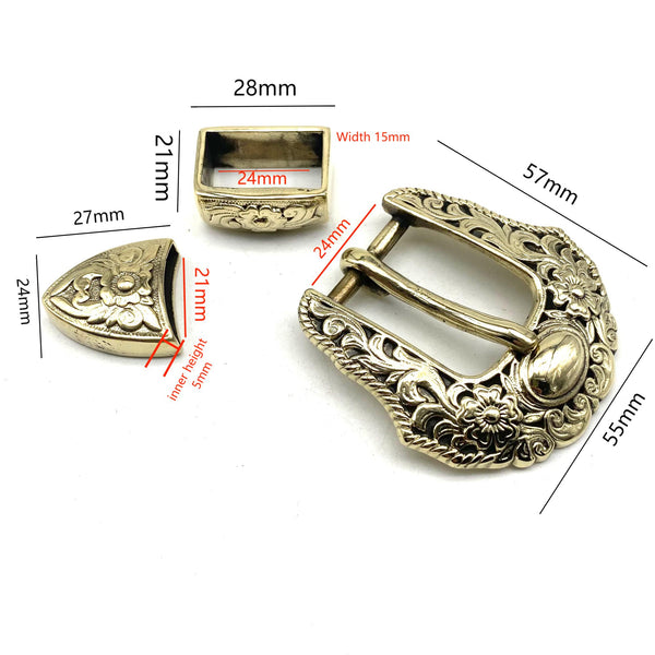 24mm Tang Cao Brass Buckle Kit With Belt Loop and End Tip Tang Grass&Flower Design