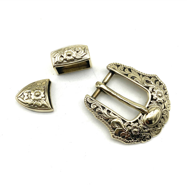 24mm Tang Cao Brass Buckle Kit With Belt Loop and End Tip Tang Grass&Flower Design