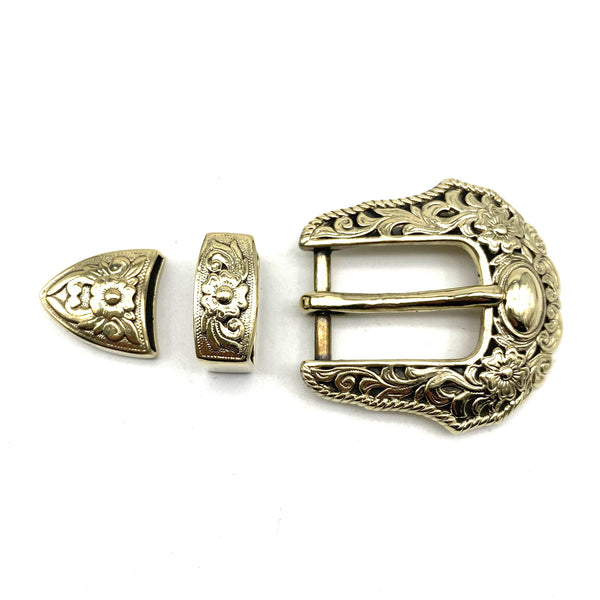 24mm Tang Cao Brass Buckle Kit With Belt Loop and End Tip Tang Grass&Flower Design