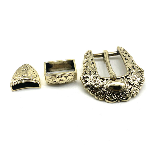 24mm Tang Cao Brass Buckle Kit With Belt Loop and End Tip Tang Grass&Flower Design