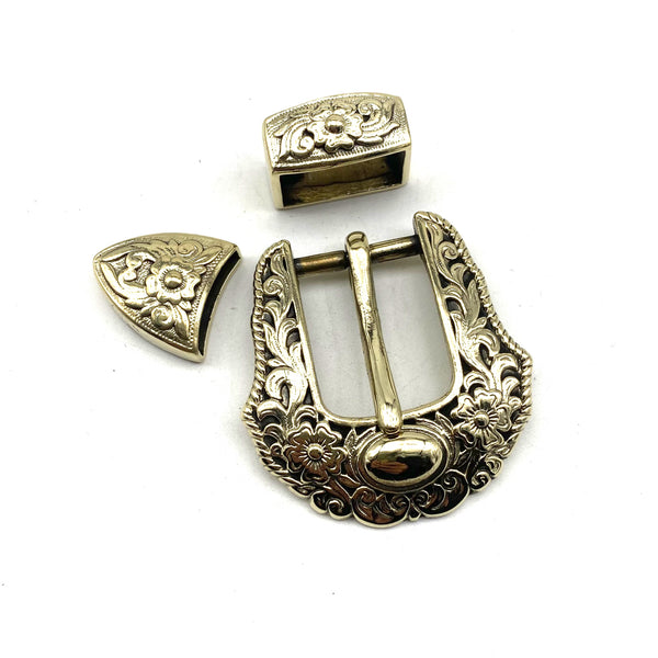 24mm Tang Cao Brass Buckle Kit With Belt Loop and End Tip Tang Grass&Flower Design