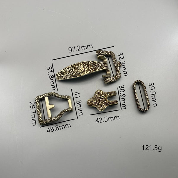Ornate Brass Belt Hardware Set,Intricate Horse-Engraved Buckle & Accessories for Leather Craft