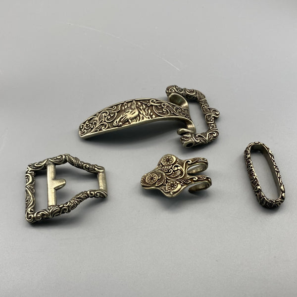 Ornate Brass Belt Hardware Set,Intricate Horse-Engraved Buckle & Accessories for Leather Craft