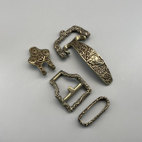 Ornate Brass Belt Hardware Set,Intricate Horse-Engraved Buckle & Accessories for Leather Craft