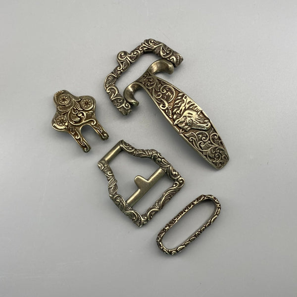 Ornate Brass Belt Hardware Set,Intricate Horse-Engraved Buckle & Accessories for Leather Craft