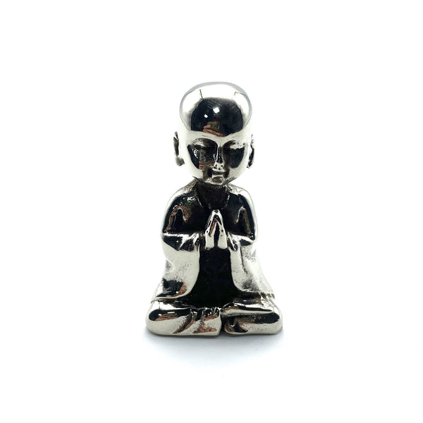 Silver Meditating Monk Collectible Figurine Brass Desk Decoration Ornament Miniature Statue 