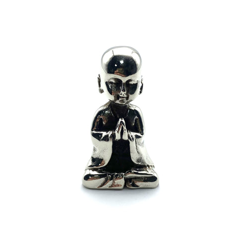 Silver Meditating Monk Collectible Figurine Brass Desk Decoration Ornament Miniature Statue 