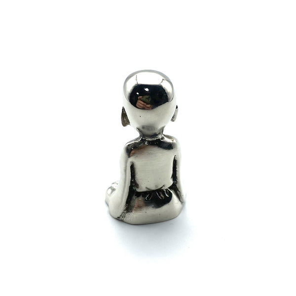 Silver Meditating Monk Collectible Figurine Brass Desk Decoration Ornament Miniature Statue 