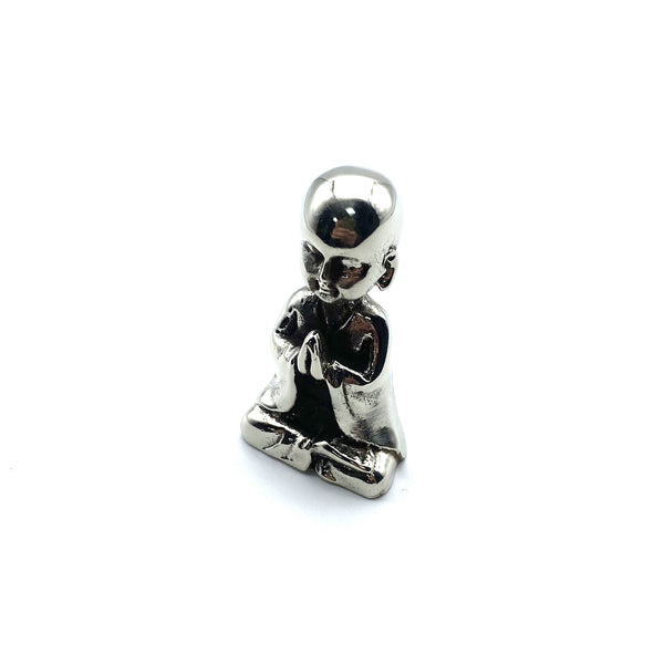 Silver Meditating Monk Collectible Figurine Brass Desk Decoration Ornament Miniature Statue 