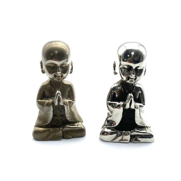 Silver Meditating Monk Collectible Figurine Brass Desk Decoration Ornament Miniature Statue 