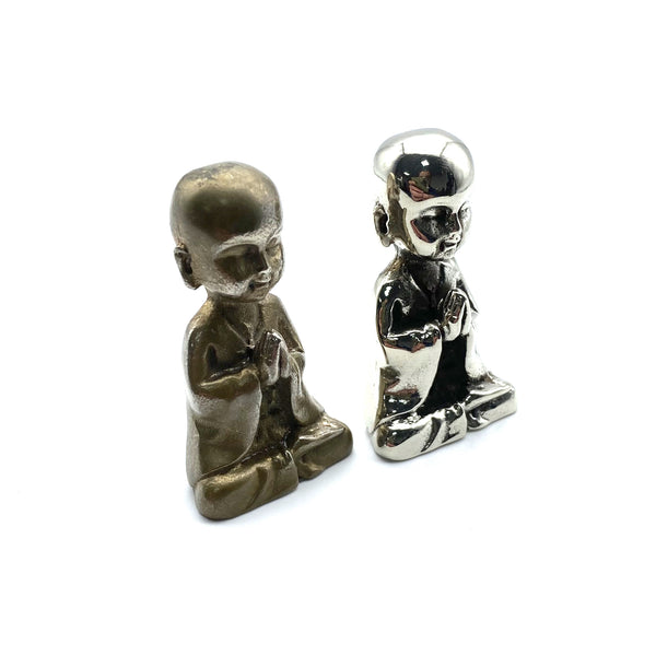 Silver Meditating Monk Collectible Figurine Brass Desk Decoration Ornament Miniature Statue 