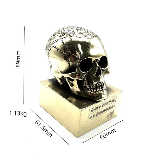 Brass Skull Statue,Hand Carved Flower Skull Head Figurine "Every Unyielding Soul Will Never Wander Alone"