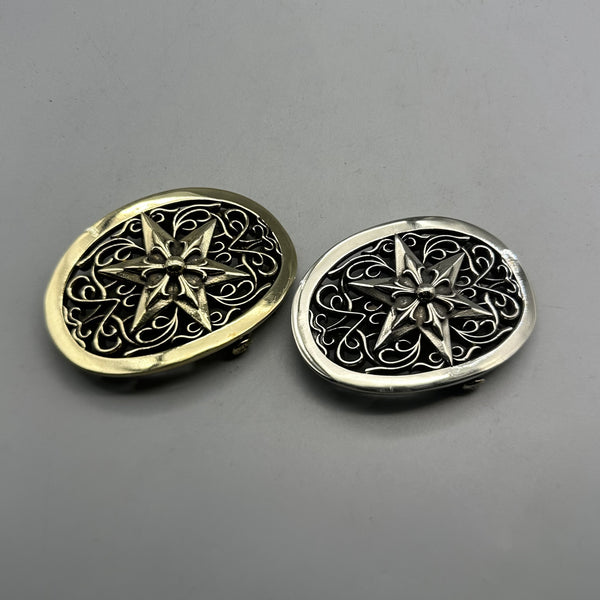 Vintage Hexagram Hollow Carved Plate Buckle, Solid Brass Silver Belt Buckle 37mm