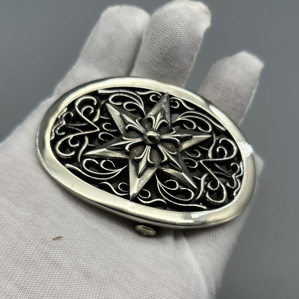 Vintage Hexagram Hollow Carved Plate Buckle, Solid Brass Silver Belt Buckle 37mm