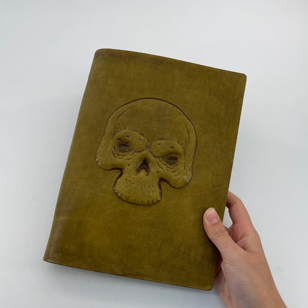 Handmade Olive Leather Journal | Skull Embossed A5 Gothic Notebook