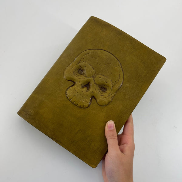 Handmade Olive Leather Journal | Skull Embossed A5 Gothic Notebook