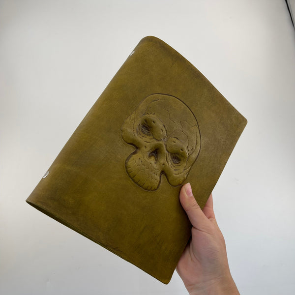Handmade Olive Leather Journal | Skull Embossed A5 Gothic Notebook