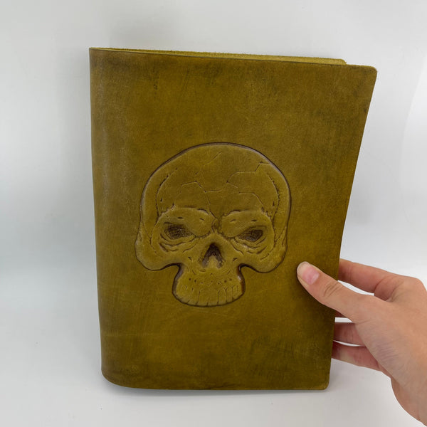 Handmade Olive Leather Journal | Skull Embossed A5 Gothic Notebook