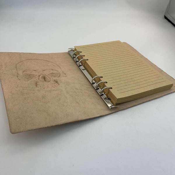 Artisan Leather Notebook – Carved Skull, Refillable A5 Journal