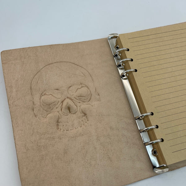 Artisan Leather Notebook – Carved Skull, Refillable A5 Journal