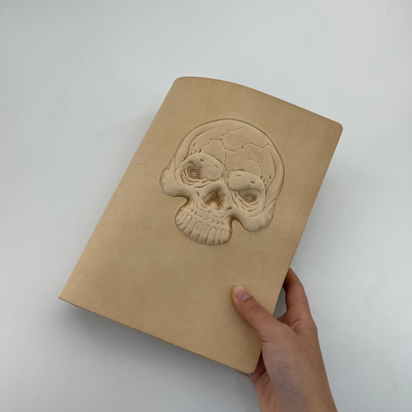 Artisan Leather Notebook – Carved Skull, Refillable A5 Journal