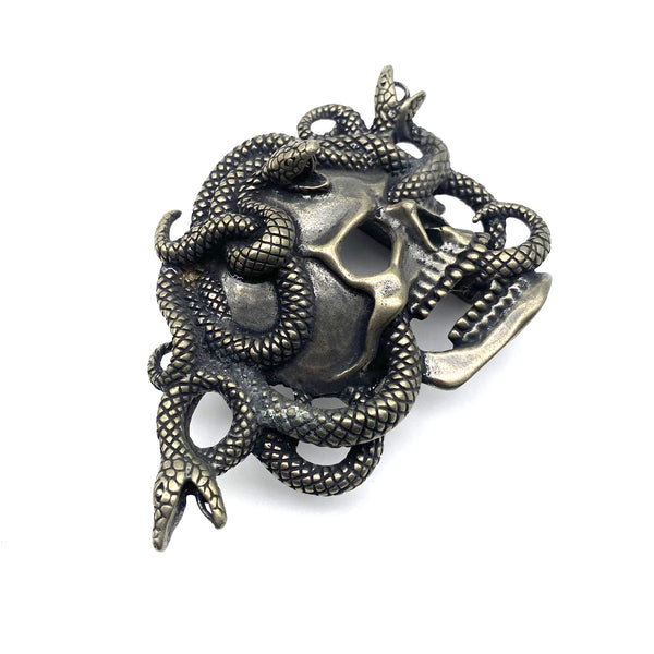 Brass Skull Art Buckle,Skull with Snake,Biker Leather Belt Buckle,Decoration Buckle