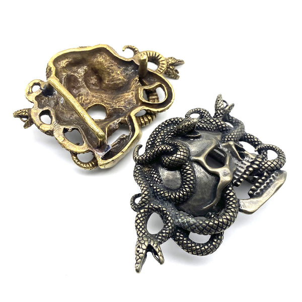 Brass Skull Art Buckle,Skull with Snake,Biker Leather Belt Buckle,Decoration Buckle