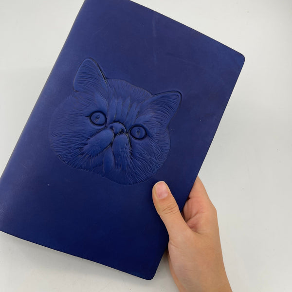 A Journal for All My Cat Stories | Handmade Embossed Squishy Cat Face Vegetable Tanned Leather A5 Loose Leaf