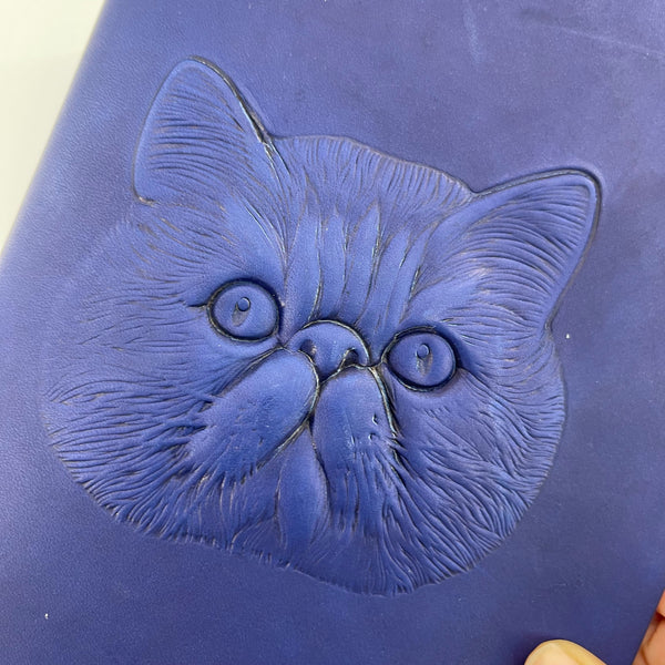 A Journal for All My Cat Stories | Handmade Embossed Squishy Cat Face Vegetable Tanned Leather A5 Loose Leaf