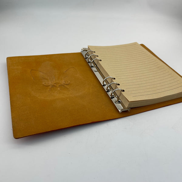 Genuine Warm Tan Leather Persian Cat Embossed A5 Loose Leaf Notebook for Cat Moms