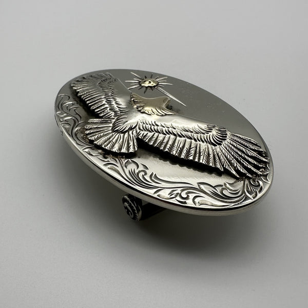 Silver Oval Buckle Hand Flower Carved with Eagle