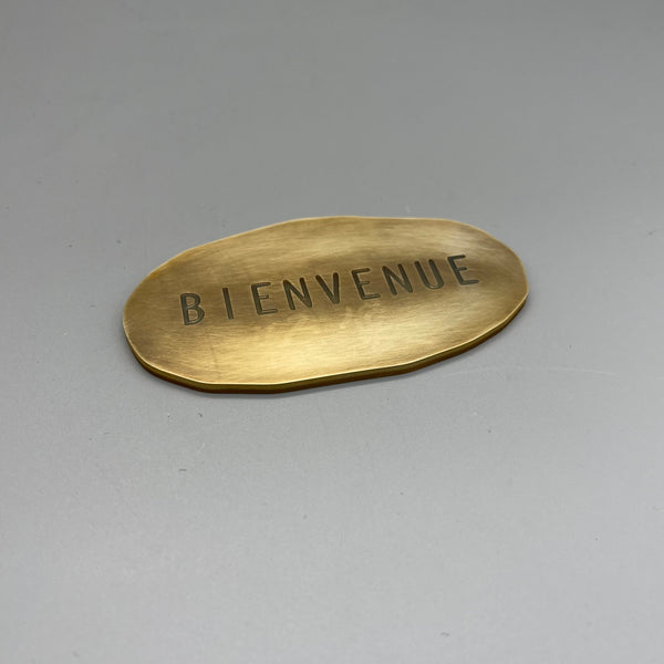 Hammered Brass Plaque, Artisan Textured Oval Metal Art, Custom Text &amp; Logo