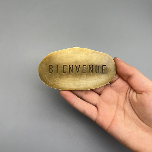 Hammered Brass Plaque, Artisan Textured Oval Metal Art, Custom Text &amp; Logo