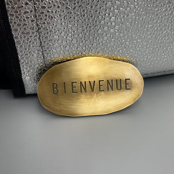 Hammered Brass Plaque, Artisan Textured Oval Metal Art, Custom Text & Logo