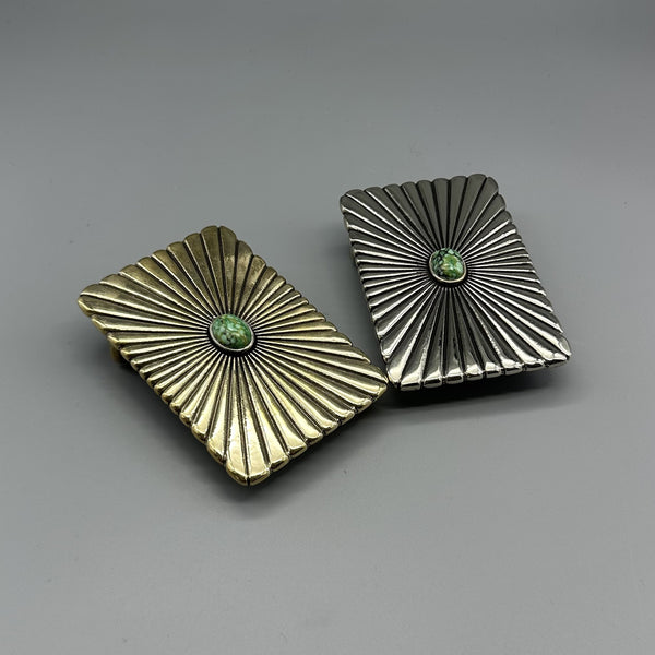 Western Vintage Solid Brass Plate Buckle, Radiant V Pattern Faux Turquoise Inlay Men Belt Buckle 40mm