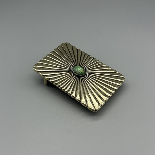 Western Vintage Solid Brass Plate Buckle, Radiant V Pattern Faux Turquoise Inlay Men Belt Buckle 40mm