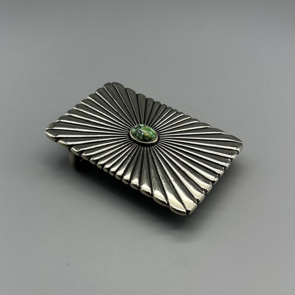 Western Vintage Solid Brass Plate Buckle, Radiant V Pattern Faux Turquoise Inlay Men Belt Buckle 40mm