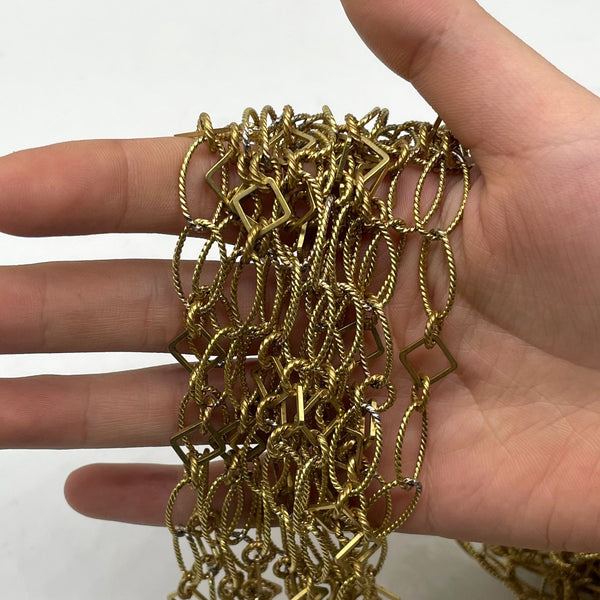 Brass Twisted Oval & Square Connector Chain - Vintage Boho Jewelry Supply