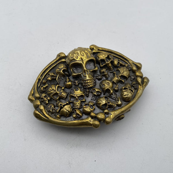 Skull & Bones Brass Belt Buckle,3D Carved Gothic Vintage Metal Accessory