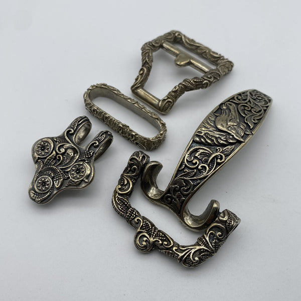 Ornate Brass Belt Hardware Set,Intricate Horse-Engraved Buckle & Accessories for Leather Craft