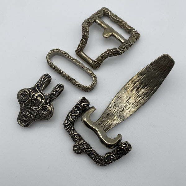 Ornate Brass Belt Hardware Set,Intricate Horse-Engraved Buckle & Accessories for Leather Craft