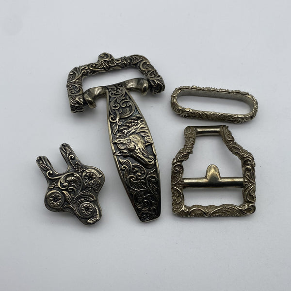 Ornate Brass Belt Hardware Set,Intricate Horse-Engraved Buckle & Accessories for Leather Craft