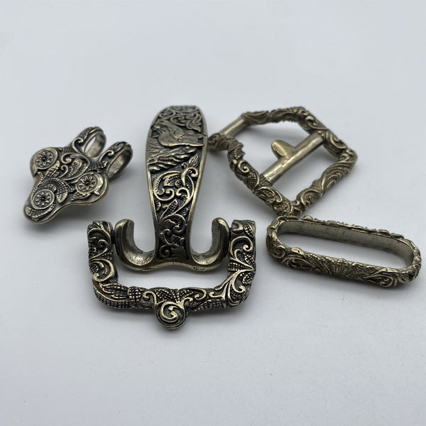Ornate Brass Belt Hardware Set,Intricate Horse-Engraved Buckle & Accessories for Leather Craft