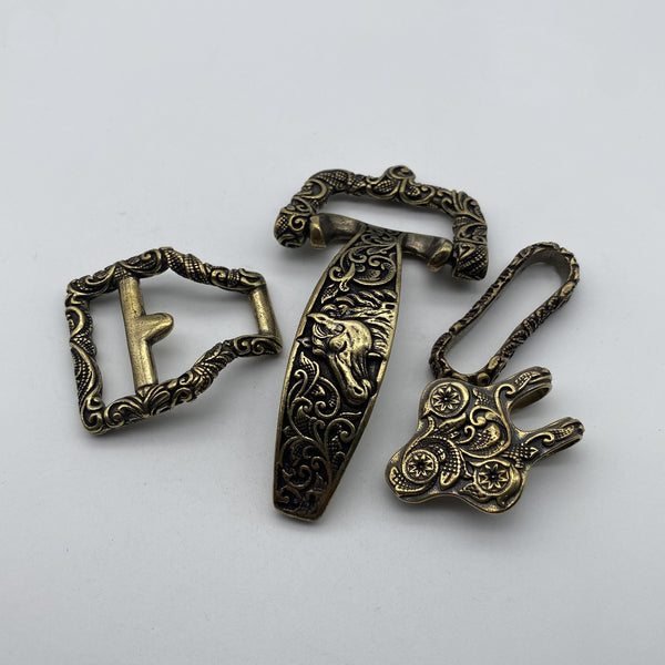 Ornate Brass Belt Hardware Set,Intricate Horse-Engraved Buckle & Accessories for Leather Craft