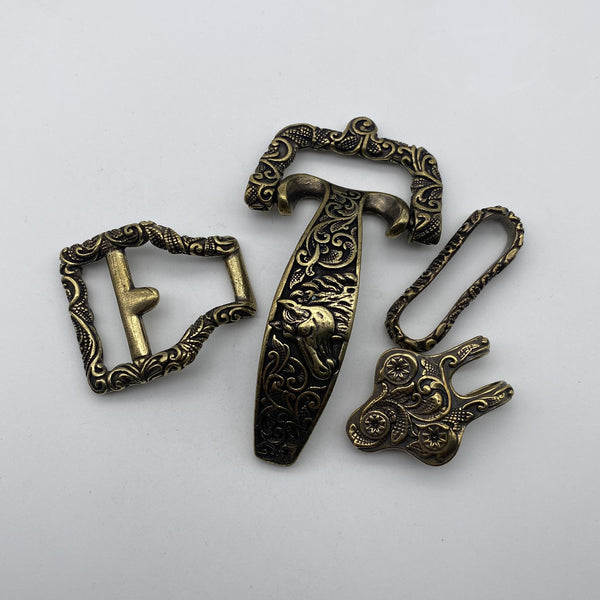 Ornate Brass Belt Hardware Set,Intricate Horse-Engraved Buckle & Accessories for Leather Craft