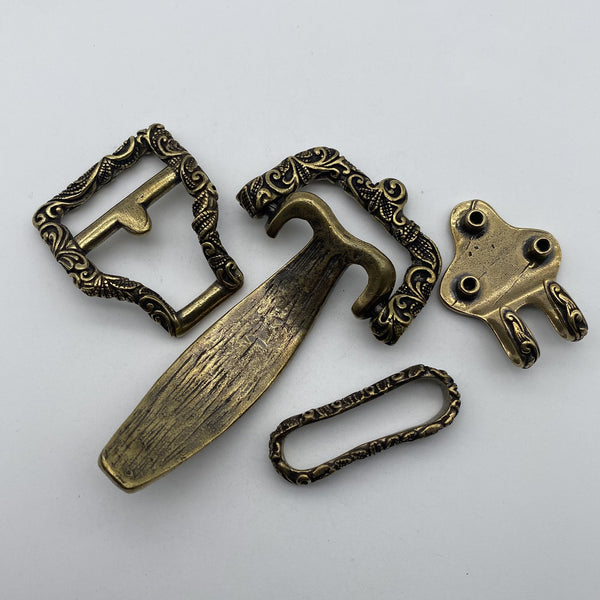 Ornate Brass Belt Hardware Set,Intricate Horse-Engraved Buckle & Accessories for Leather Craft