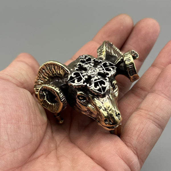 Brass Old Silver Satanic Goat Head Vajra Pestle Plate Belt Buckle 38mm