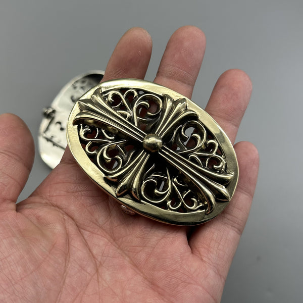 Vintage Antique Solid Brass/Nickel Silver Belt Buckle, Gothic Cross Hollow Carved Plate Buckle 37mm