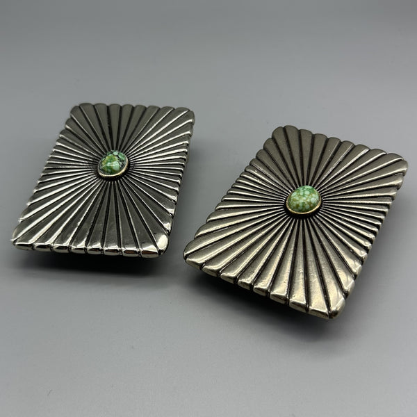 Western Vintage Solid Brass Plate Buckle, Radiant V Pattern Faux Turquoise Inlay Men Belt Buckle 40mm