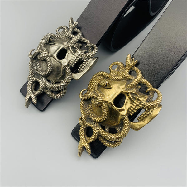 Brass Skull Art Buckle,Skull with Snake,Biker Leather Belt Buckle,Decoration Buckle